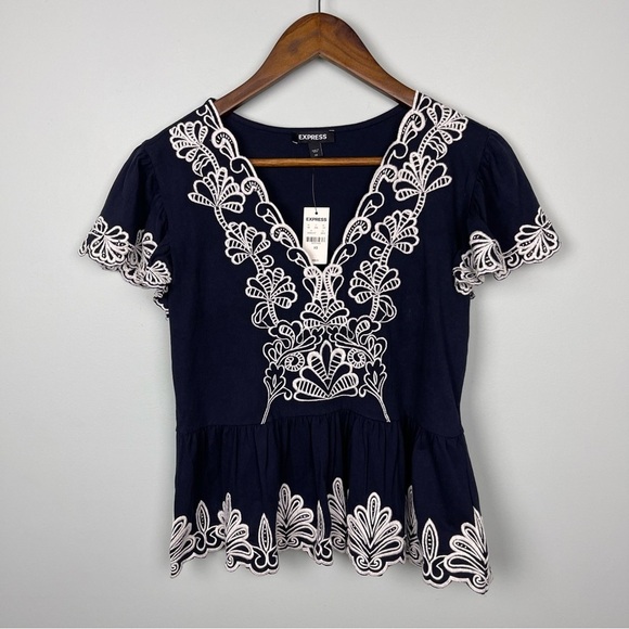 Express Navy/White Floral Embroidered Peplum Top - Picture 2 of 8